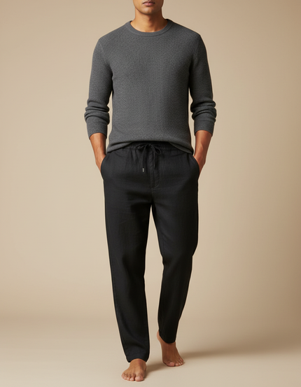 Pantalon Chino Noir Lin Cordon Ample Décontracté Homme