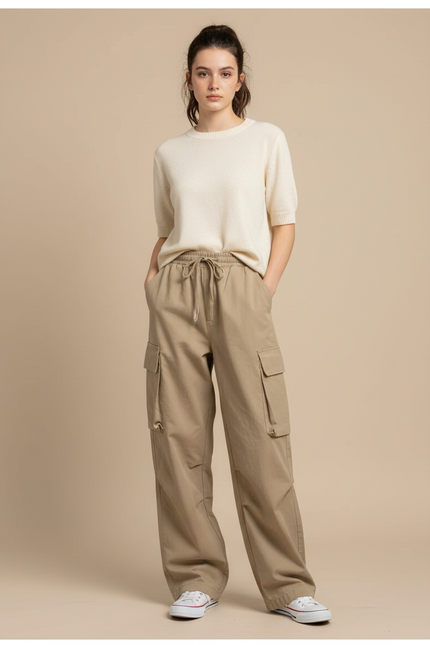 Pantalon Chino Femme Large - Beige Coton