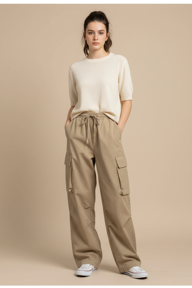 Pantalon Chino Femme Large - Beige Coton