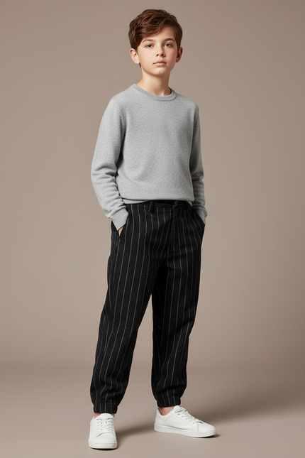 Pantalon Chino Noir Rayé Ample Cordon Enfant - Laine