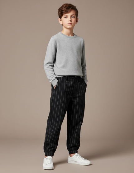 Pantalon Chino Noir Rayé Ample Cordon Enfant - Laine