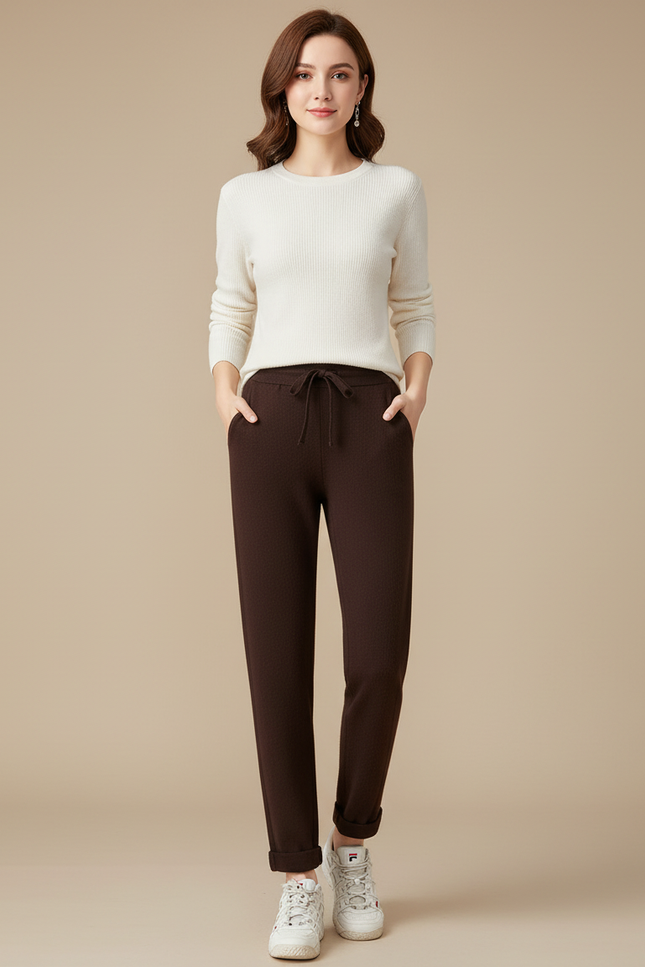 Pantalon Chino Marron Tricoté Confortable Femme - Maille