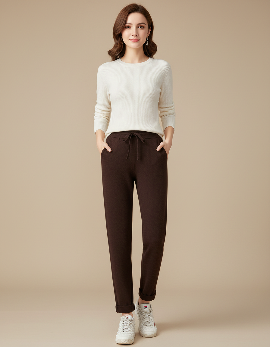 Pantalon Chino Marron Tricoté Confortable Femme - Maille