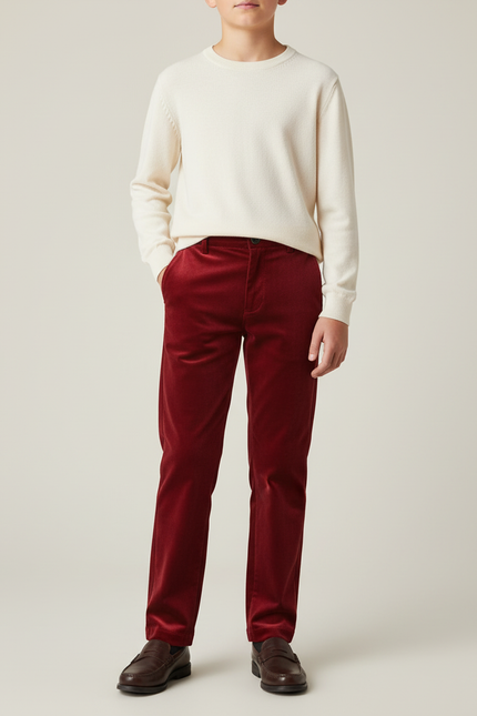 Pantalon Chino Velours Rouge Droit Enfant - Bordeaux Cordé