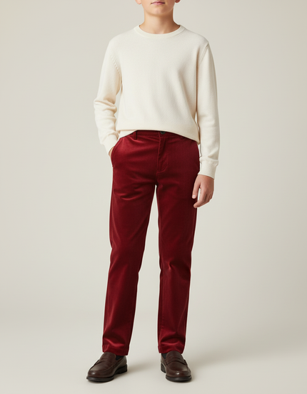 Pantalon Chino Velours Rouge Droit Enfant - Bordeaux Cordé