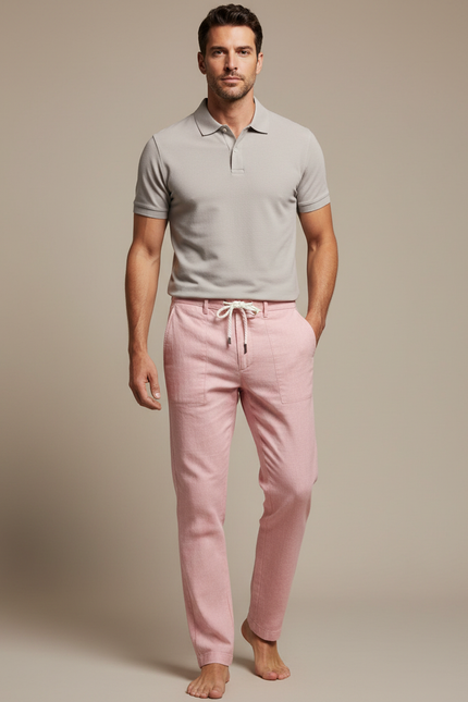 Pantalon Chino Rose Coton Lin Décontracté Cordon