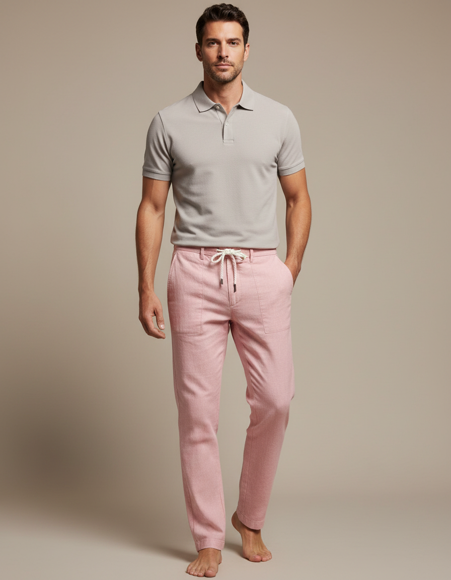 Pantalon Chino Rose Coton Lin Décontracté Cordon