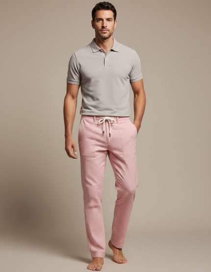 Pantalon Chino Rose Coton Lin Décontracté Cordon