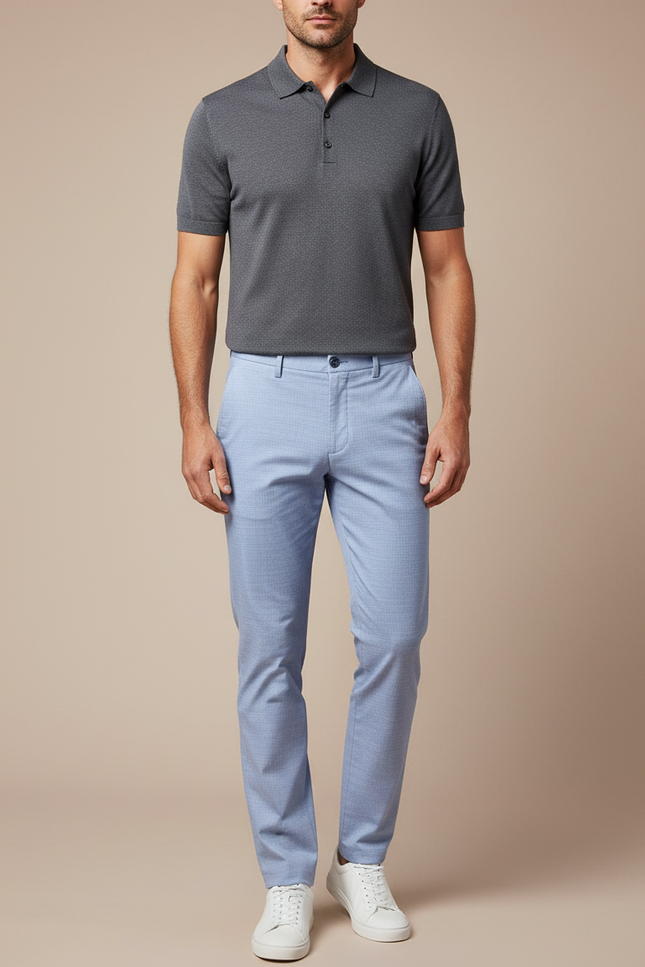 Pantalon Chino Bleu Ciel Droit Micro-Motif Élégant Homme - Coton