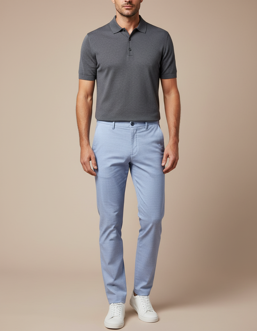 Pantalon Chino Bleu Ciel Droit Micro-Motif Élégant Homme - Coton