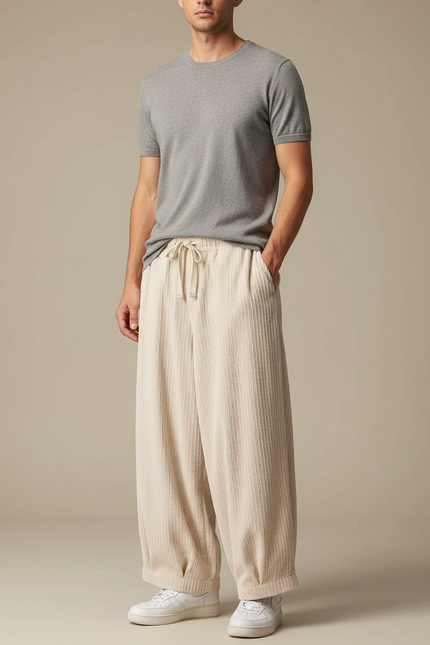 Pantalon Chino Beige Ample Côtelé Décontracté Homme - Cordé