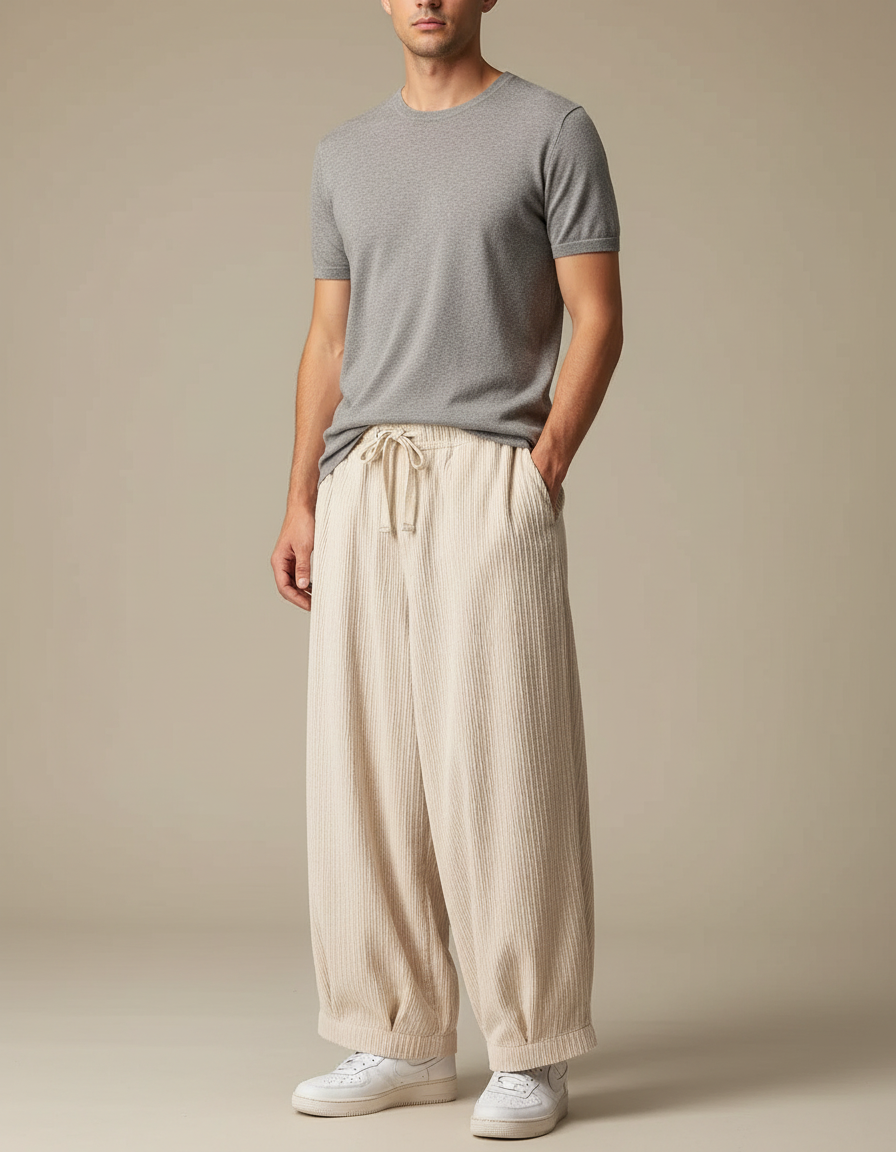 Pantalon Chino Beige Ample Côtelé Décontracté Homme - Cordé