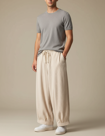 Pantalon Chino Beige Ample Côtelé Décontracté Homme - Cordé