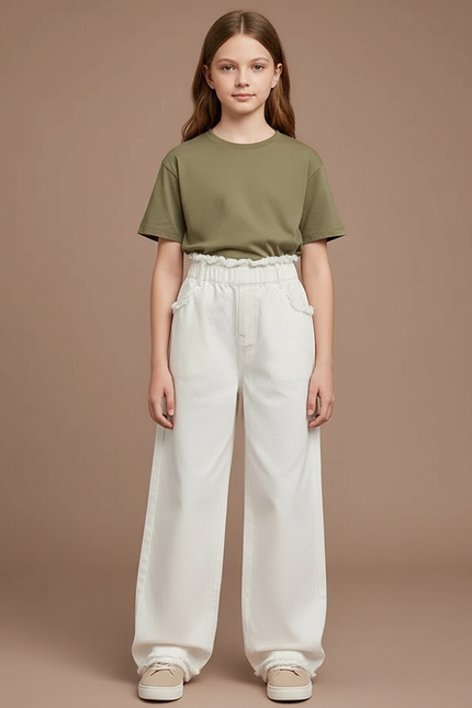 Pantalon Chino Blanc Ample Taille Haute Enfant - Jean