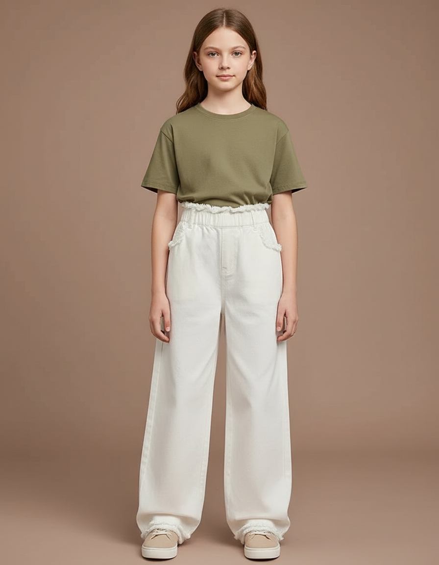 Pantalon Chino Blanc Ample Taille Haute Enfant - Jean