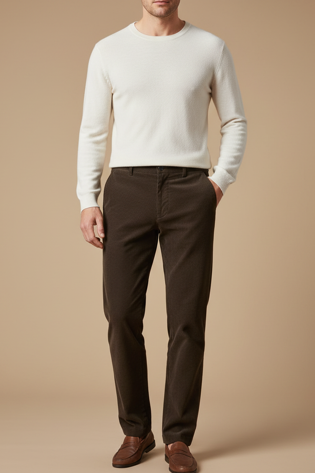 Pantalon Chino Marron Côtelé Droit Homme Élégant - Cordé