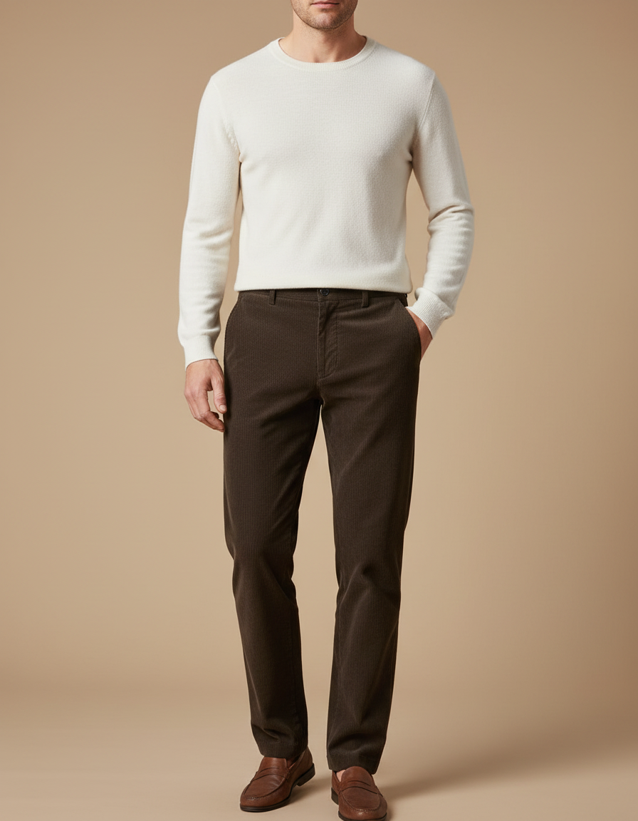 Pantalon Chino Marron Côtelé Droit Homme Élégant - Cordé