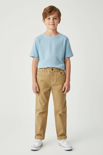 Pantalon Chino Kaki Coton Décontracté Enfant Élastique - Gabardine