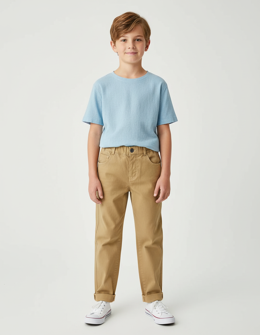 Pantalon Chino Kaki Coton Décontracté Enfant Élastique - Gabardine