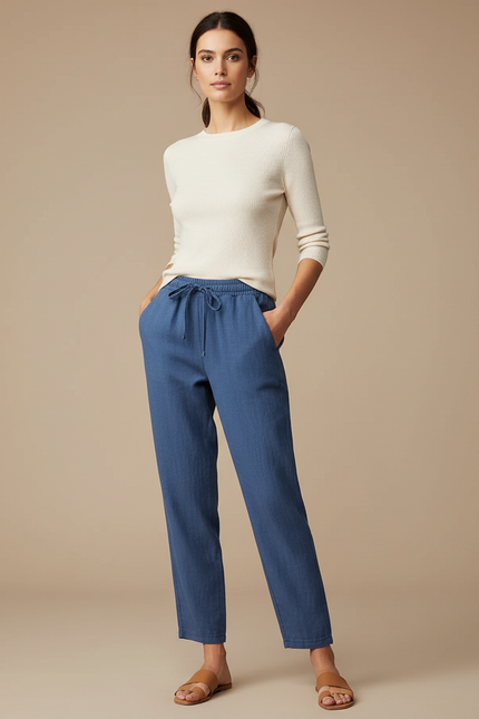 Pantalon Chino Femme Bleu Coton Lin Décontracté Ample