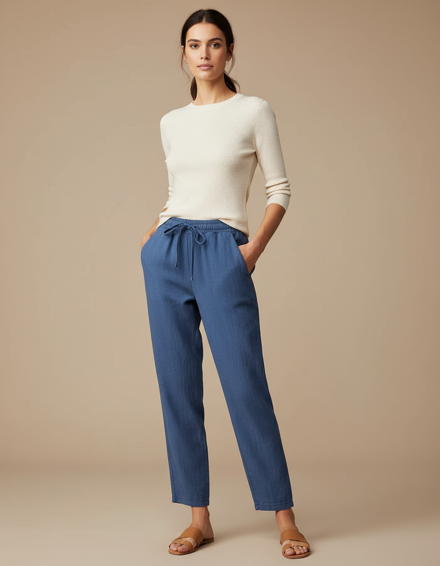 Pantalon Chino Femme Bleu Coton Lin Décontracté Ample