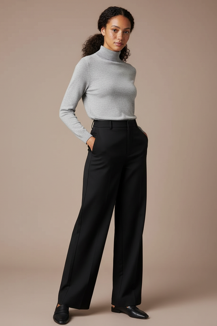 Pantalon Chino Noir Droit Taille Haute Ample Élégant - Polyester