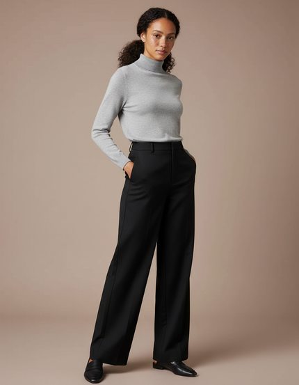 Pantalon Chino Noir Droit Taille Haute Ample Élégant - Polyester