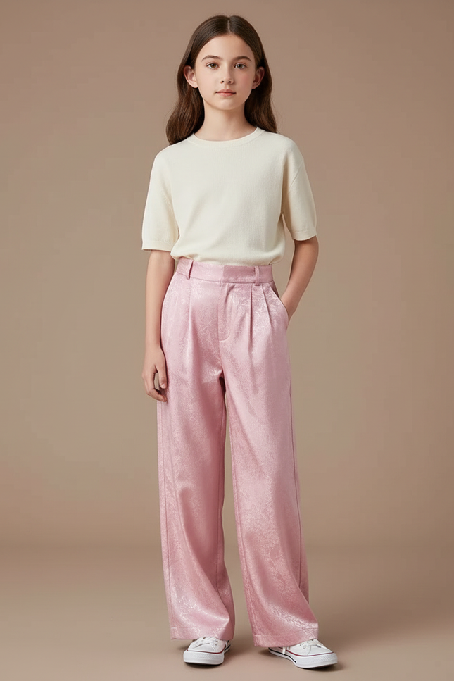 Pantalon Chino Rose Satiné Brodé Ample Élégant