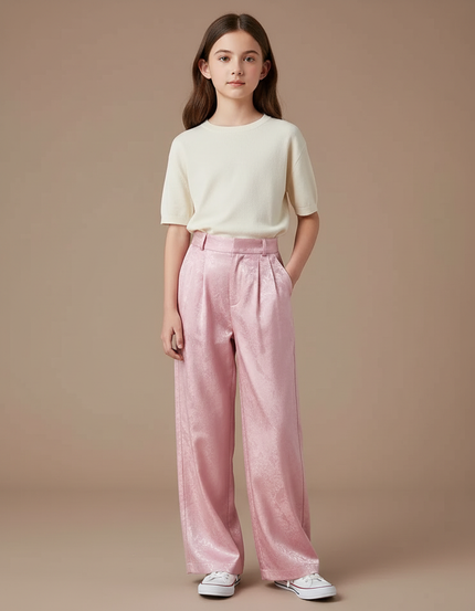 Pantalon Chino Rose Satiné Brodé Ample Élégant