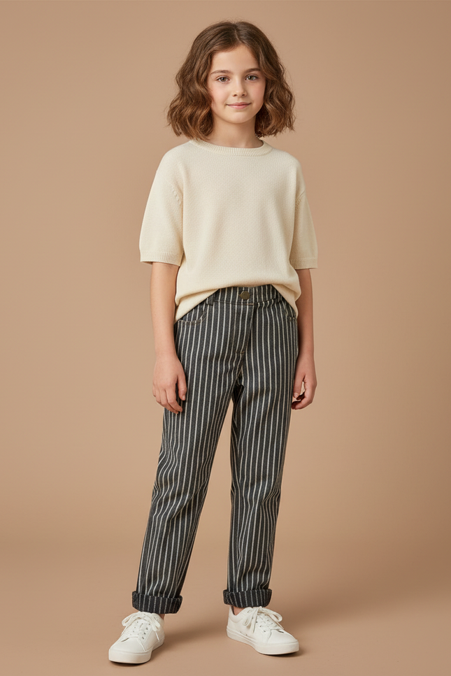 Pantalon Chino Rayé Ample Coton Enfant - Vert