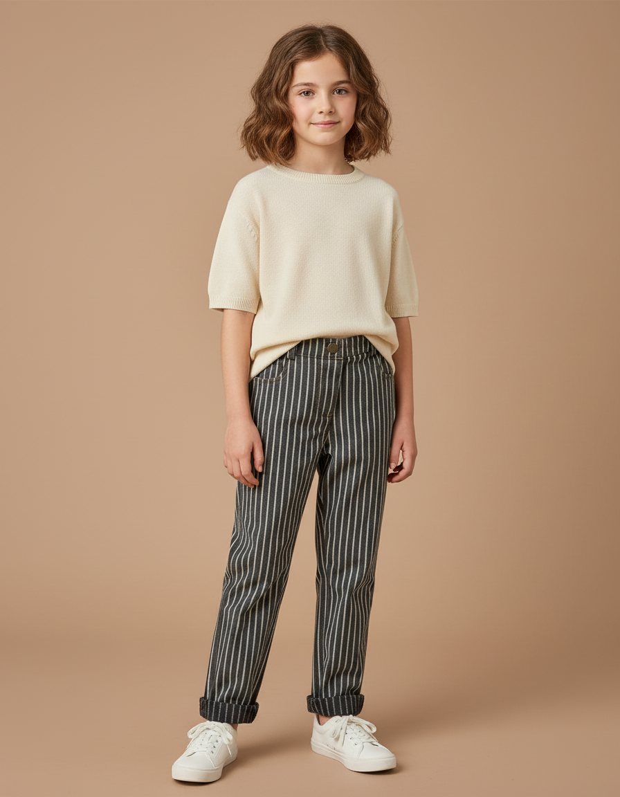 Pantalon Chino Rayé Ample Coton Enfant - Vert