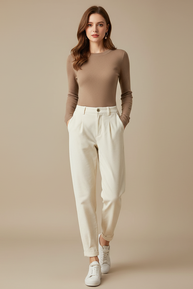 Pantalon Chino Beige Côtelé Décontracté Ample Femme - Cordé