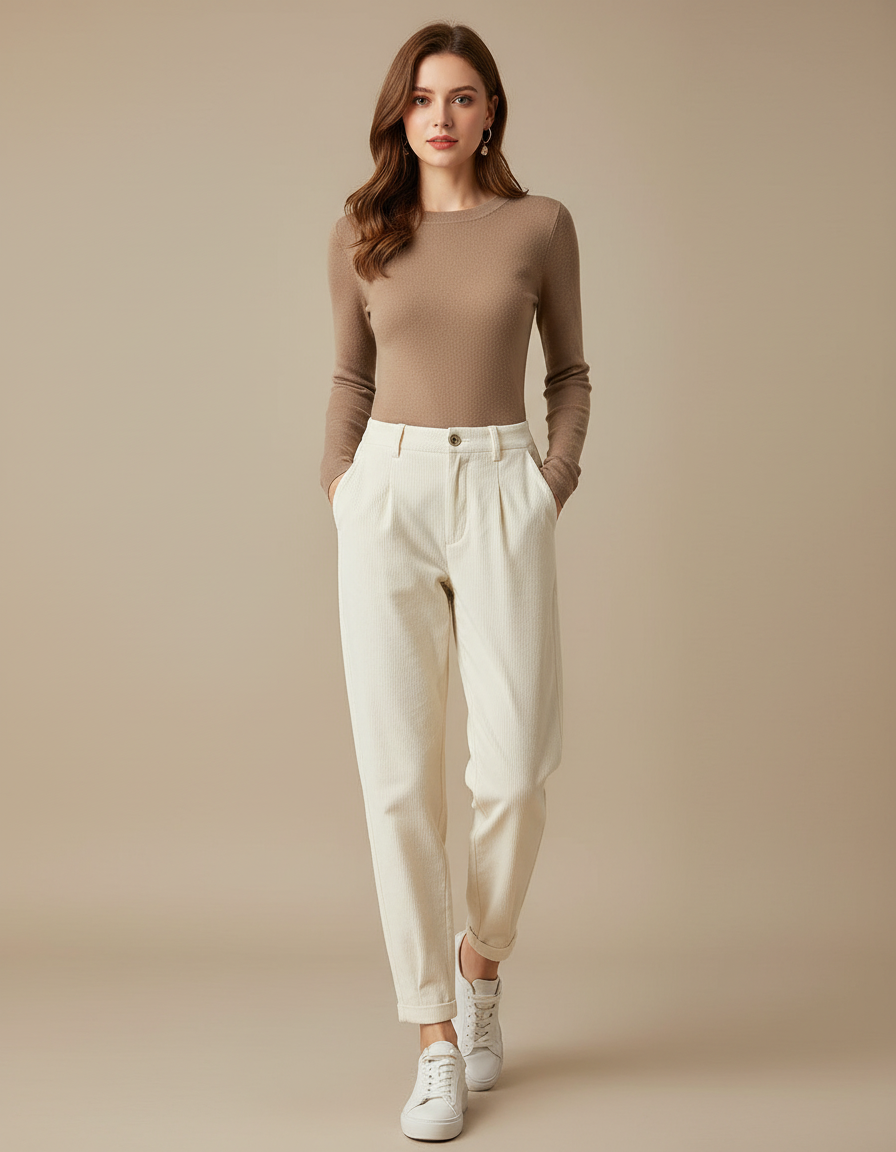 Pantalon Chino Beige Côtelé Décontracté Ample Femme - Cordé