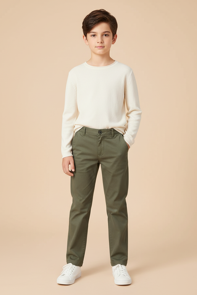 Pantalon Chino Vert Kaki Coton Droit Garçon
