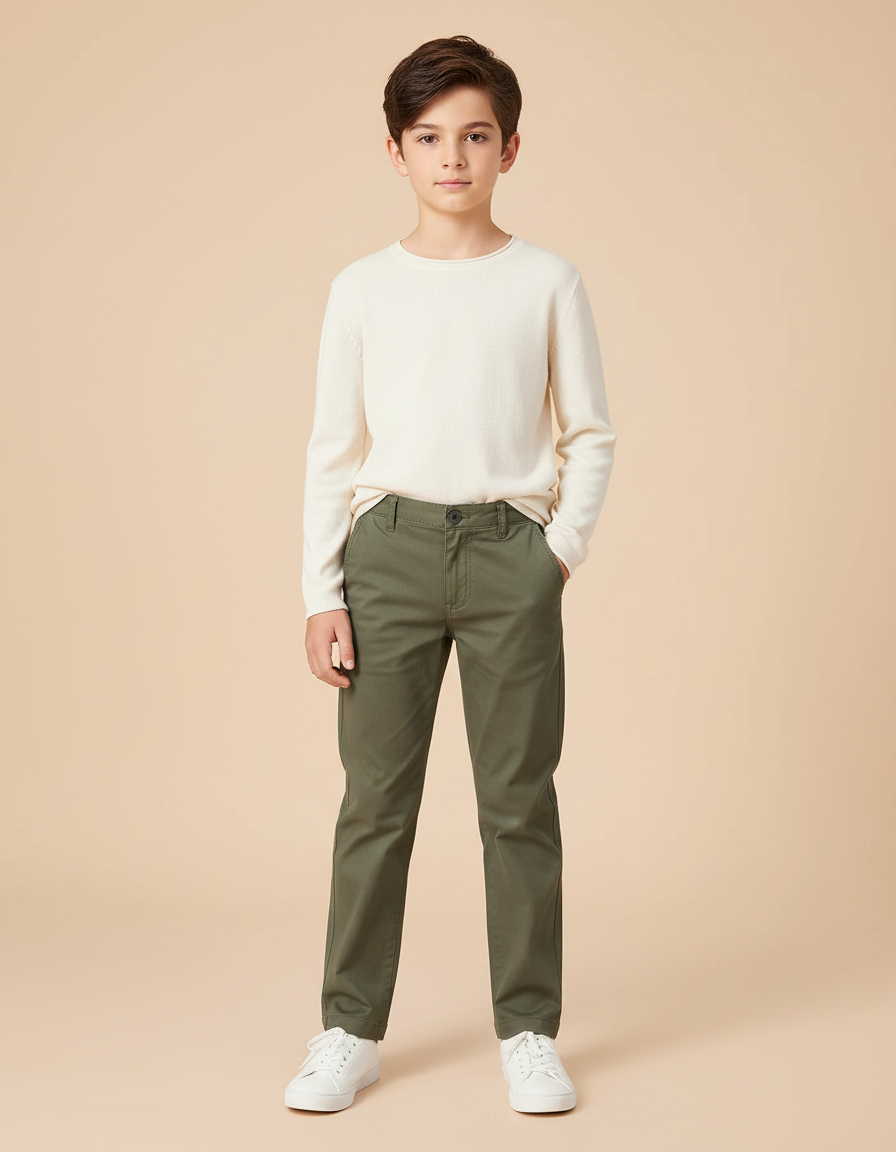 Pantalon Chino Vert Kaki Coton Droit Garçon