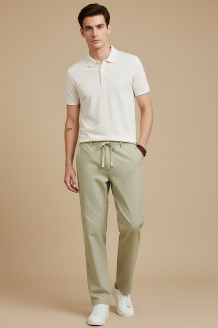 Pantalon Chino Vert Lin Cordon Ample Décontracté