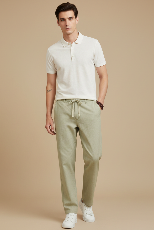 Pantalon Chino Vert Lin Cordon Ample Décontracté
