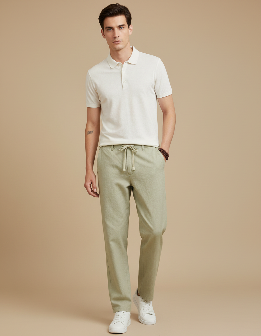 Pantalon Chino Vert Lin Cordon Ample Décontracté