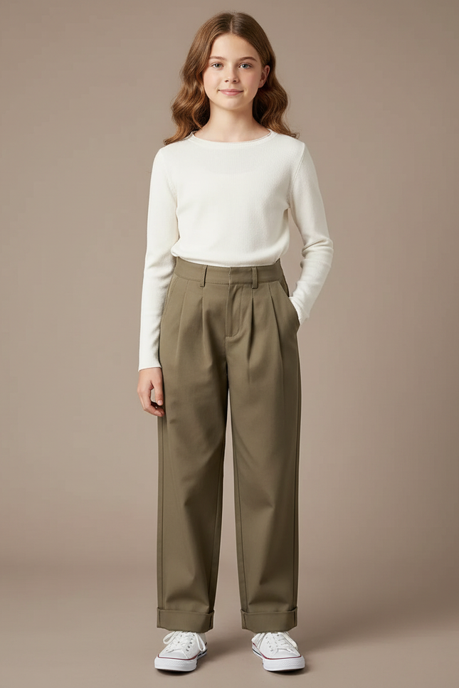 Pantalon Chino Kaki Plissé Droit Décontracté Femme - Gabardine