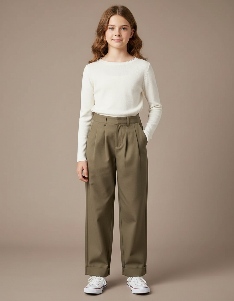 Pantalon Chino Kaki Plissé Droit Décontracté Femme - Gabardine