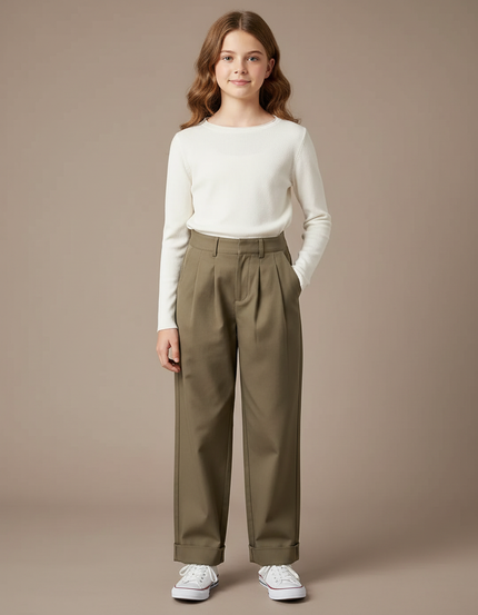 Pantalon Chino Kaki Plissé Droit Décontracté Femme - Gabardine