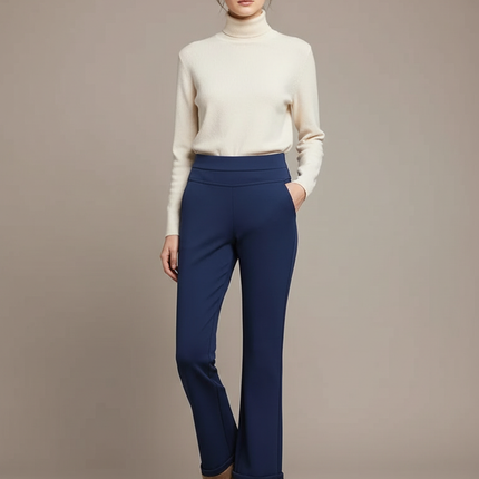 Pantalon Chino Bleu Marine Évasé Doublure Polaire Femme - Polyester