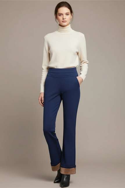 Pantalon Chino Bleu Marine Évasé Doublure Polaire Femme - Polyester