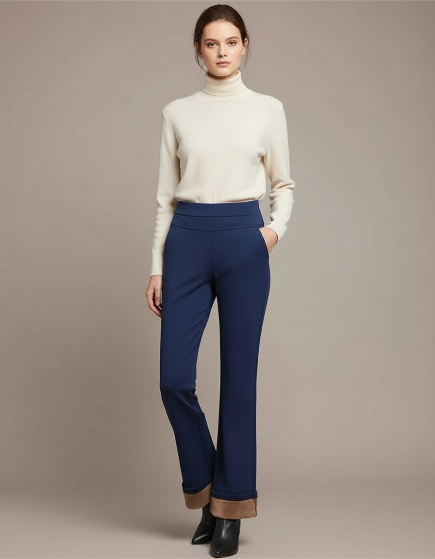 Pantalon Chino Bleu Marine Évasé Doublure Polaire Femme - Polyester