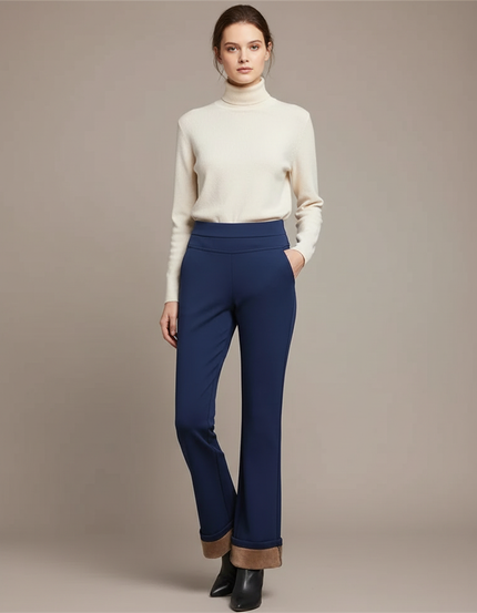 Pantalon Chino Bleu Marine Évasé Doublure Polaire Femme - Polyester