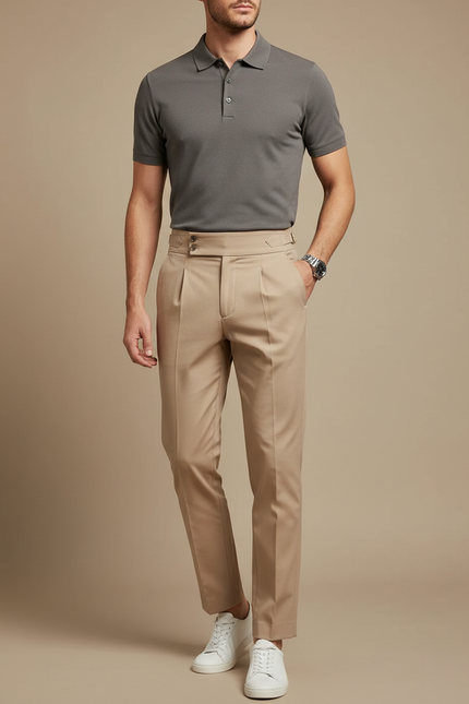 Pantalon Chino Beige Plissé Droit Élégant Homme - Gabardine