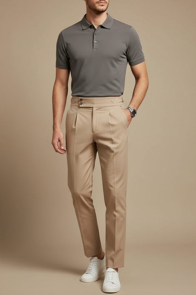 Pantalon Chino Beige Plissé Droit Élégant Homme - Gabardine
