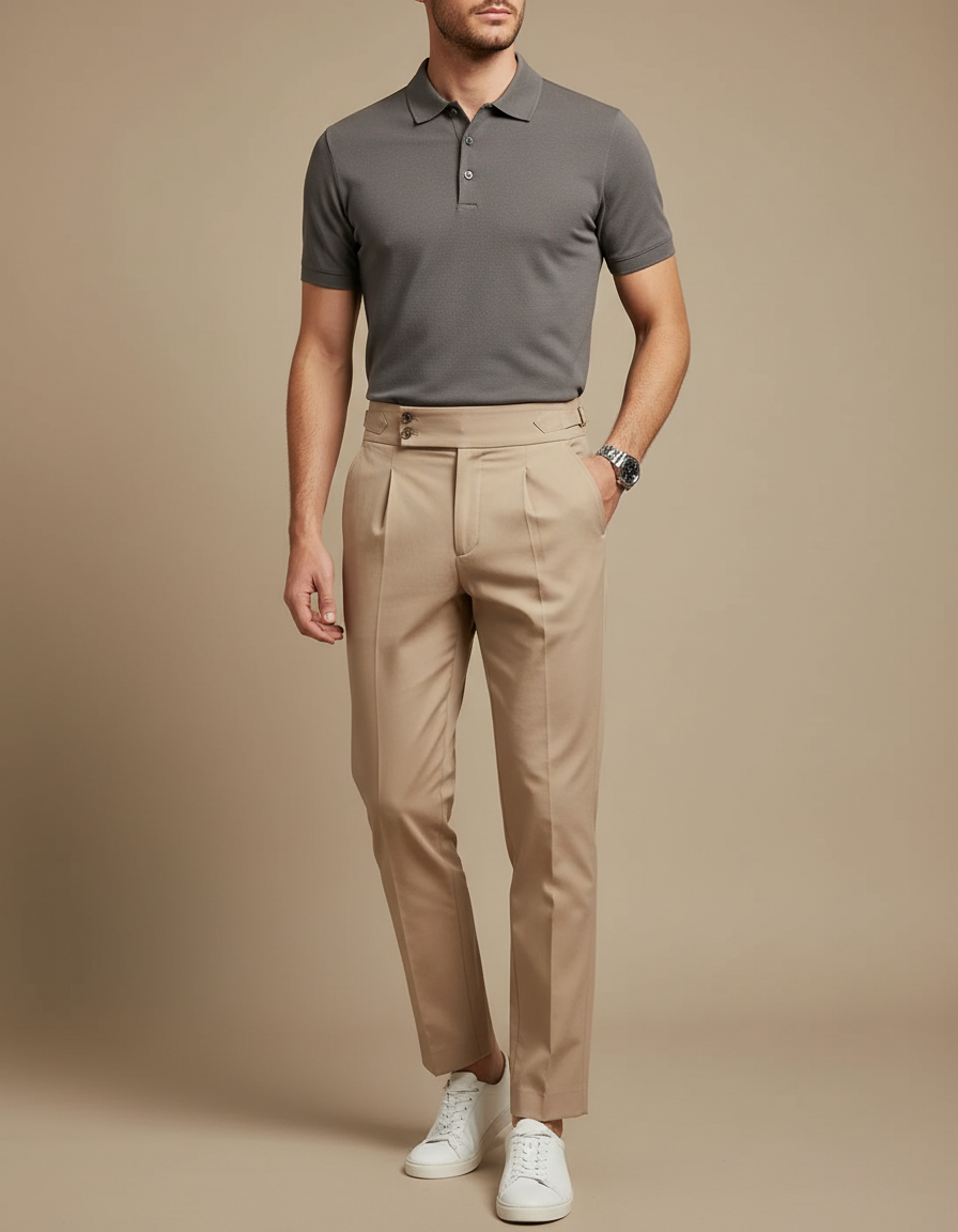 Pantalon Chino Beige Plissé Droit Élégant Homme - Gabardine