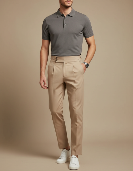 Pantalon Chino Beige Plissé Droit Élégant Homme - Gabardine