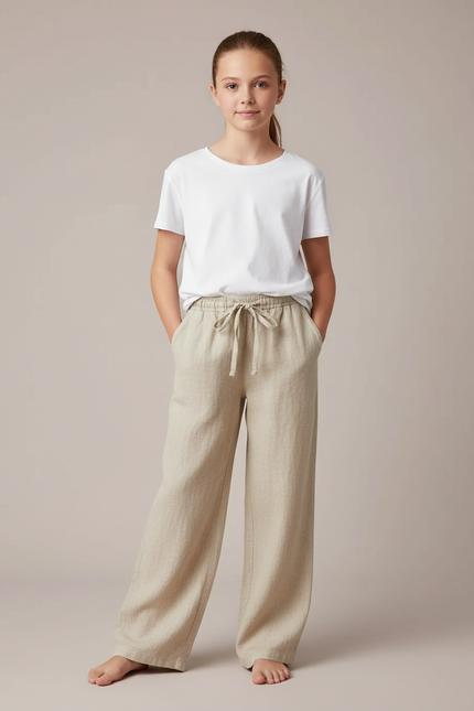 Pantalon Chino Beige Lin Droit Ample Confortable Fille